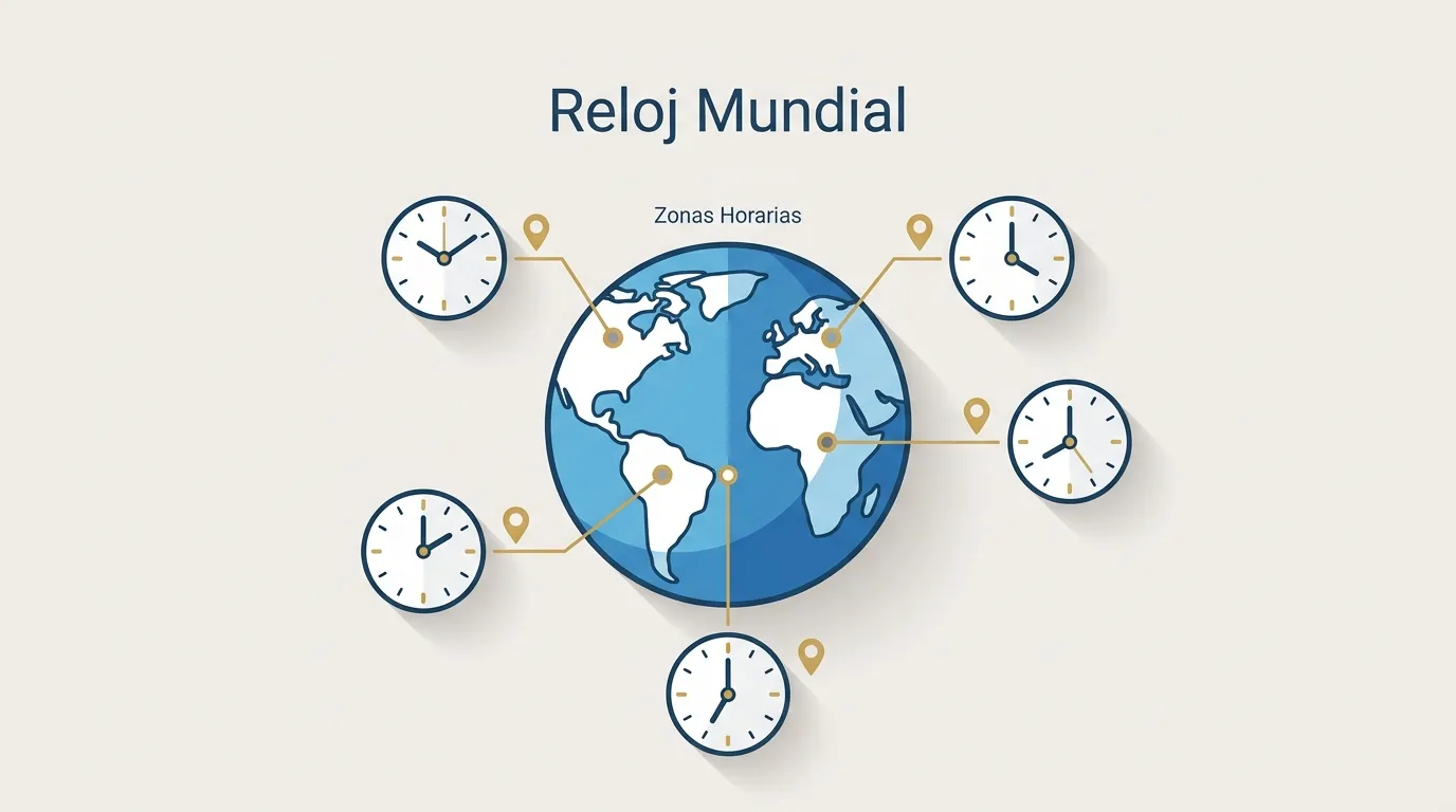 Interfaz del reloj mundial online con tarjetas de ciudades mostrando hora, fecha, offset UTC e indicador día/noche